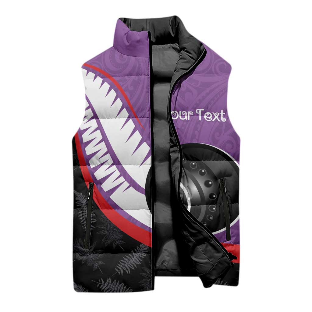 Personalised Aotearoa Lawn Bowls Sleeveless Puffer Jacket Maori and Silver Fern Sporty Style Purple Color - Aussie Hoodie