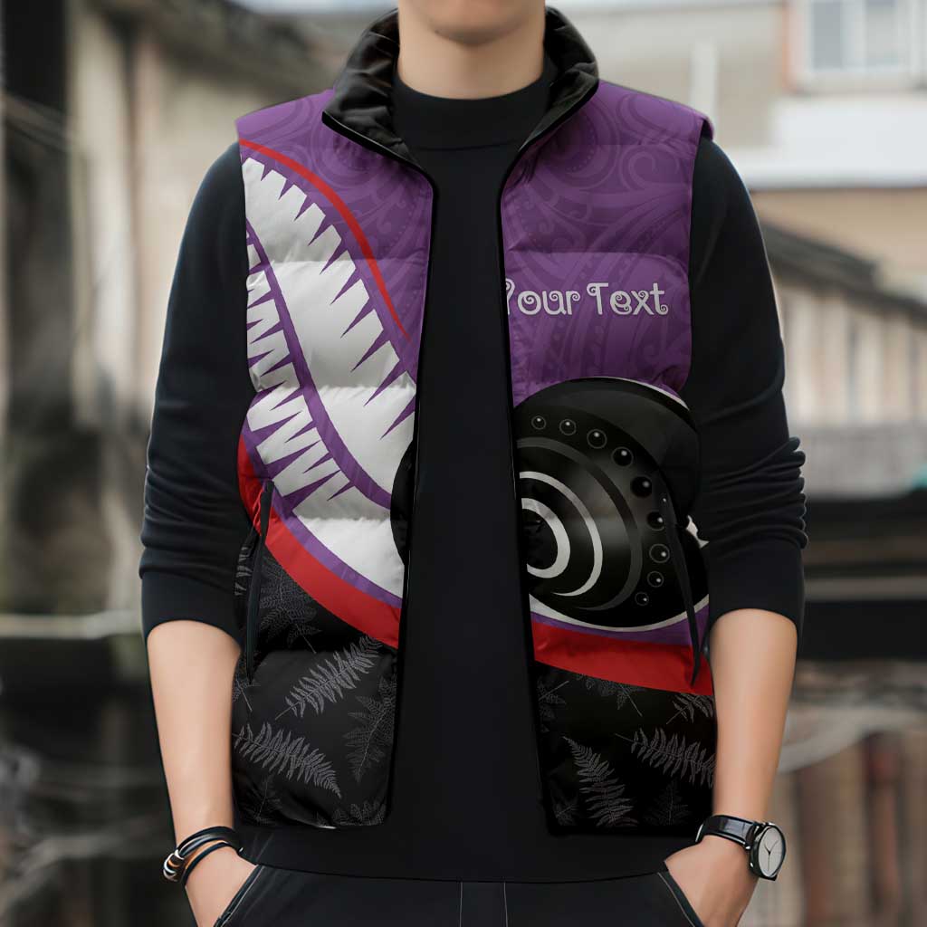 Personalised Aotearoa Lawn Bowls Sleeveless Puffer Jacket Maori and Silver Fern Sporty Style Purple Color - Aussie Hoodie