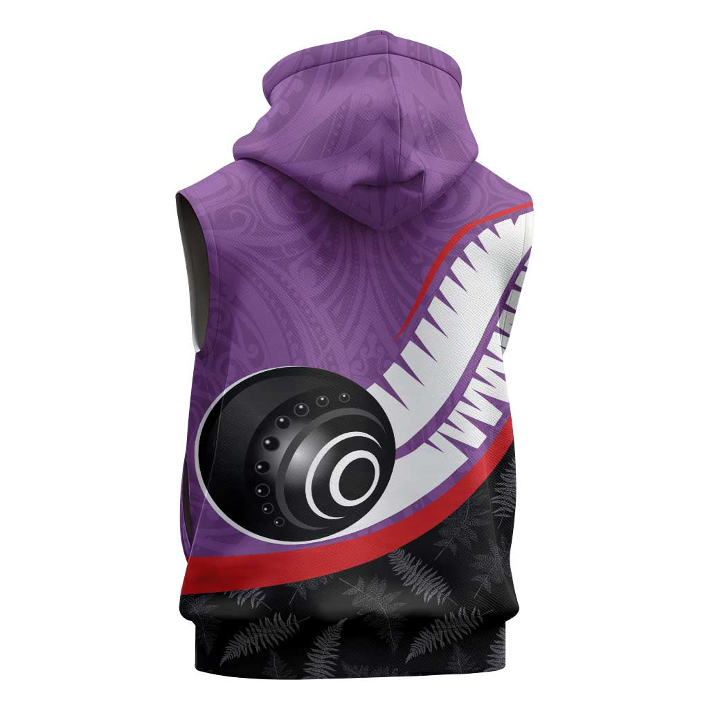 Personalised Aotearoa Lawn Bowls Sleeveless Zip Hoodie Maori and Silver Fern Sporty Style Purple Color - Aussie Hoodie