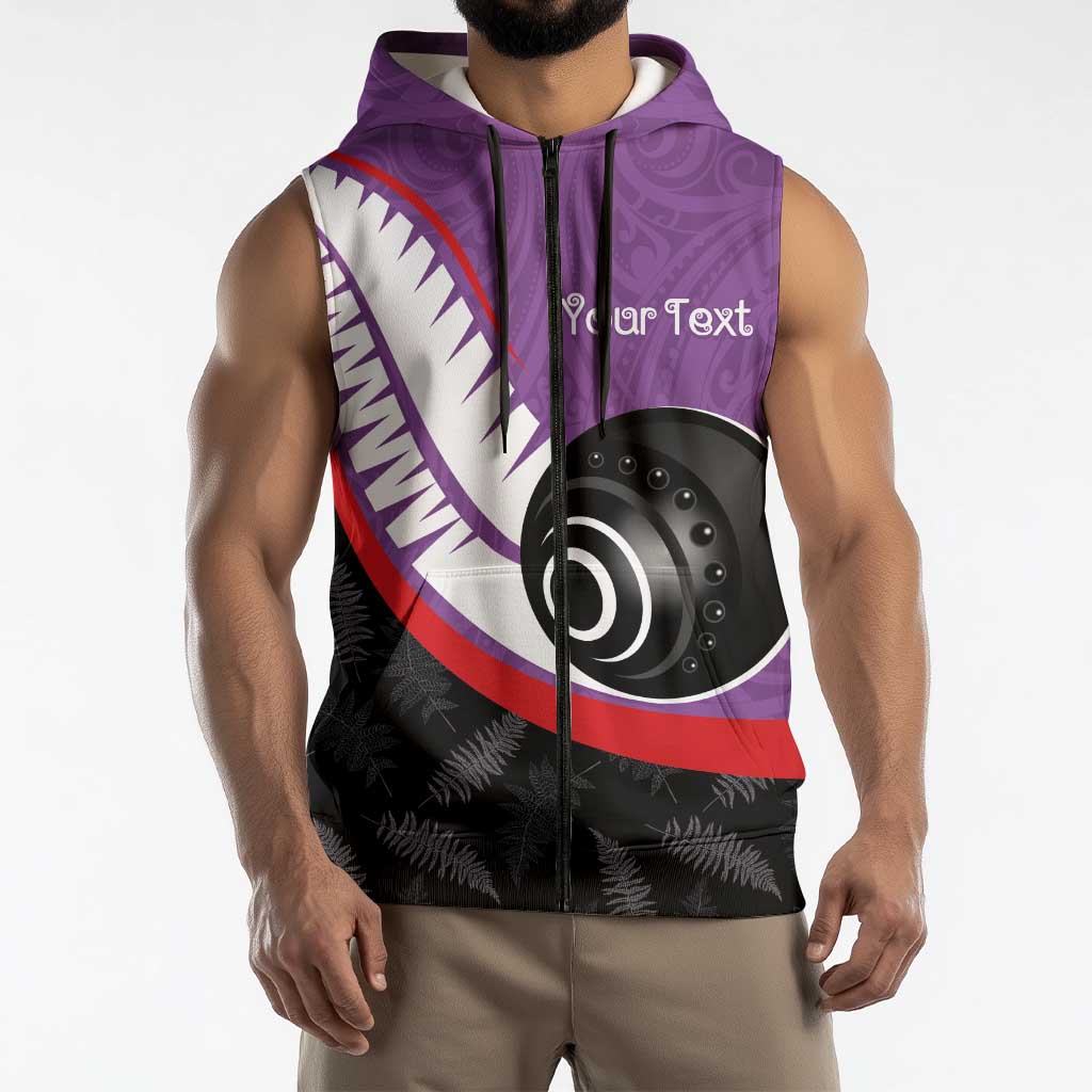 Personalised Aotearoa Lawn Bowls Sleeveless Zip Hoodie Maori and Silver Fern Sporty Style Purple Color - Aussie Hoodie