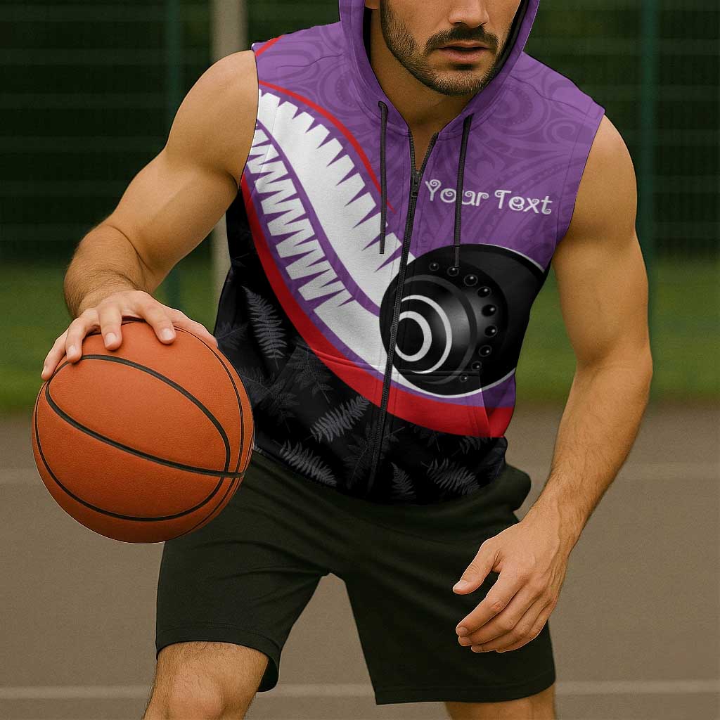 Personalised Aotearoa Lawn Bowls Sleeveless Zip Hoodie Maori and Silver Fern Sporty Style Purple Color - Aussie Hoodie