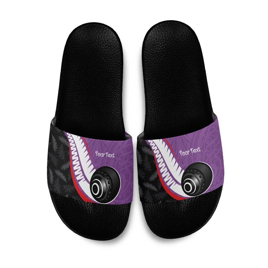 Personalised Aotearoa Lawn Bowls Slide Sandals Maori and Silver Fern Sporty Style Purple Color - Aussie Hoodie
