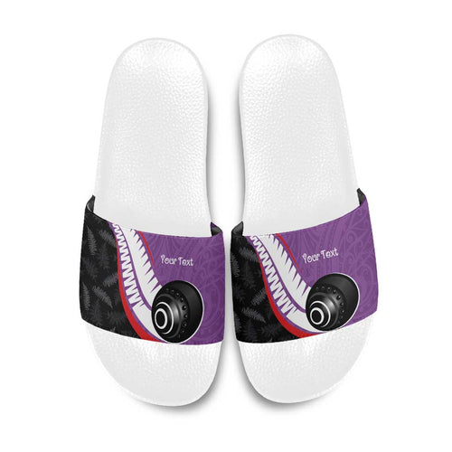 Personalised Aotearoa Lawn Bowls Slide Sandals Maori and Silver Fern Sporty Style Purple Color - Aussie Hoodie