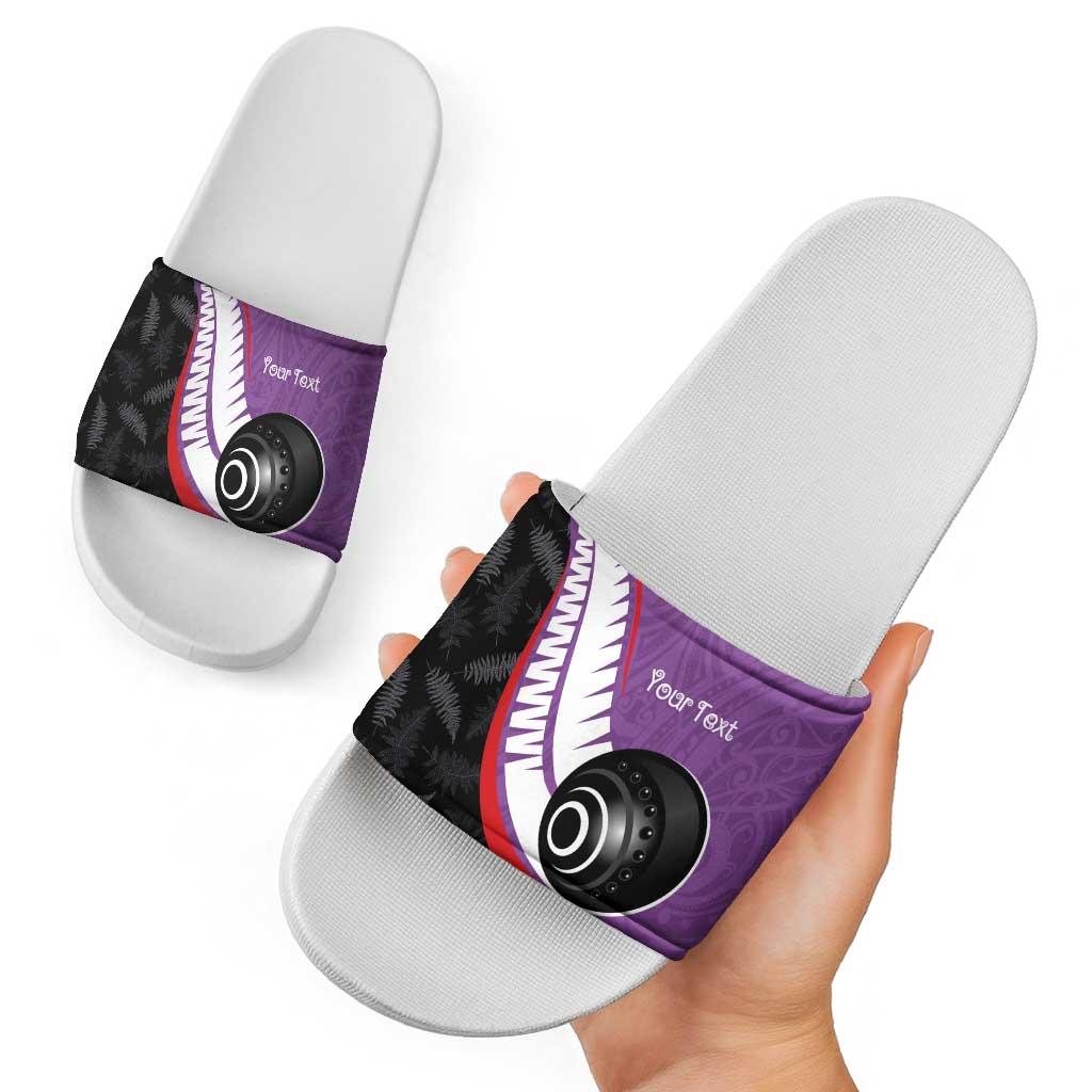 Personalised Aotearoa Lawn Bowls Slide Sandals Maori and Silver Fern Sporty Style Purple Color - Aussie Hoodie