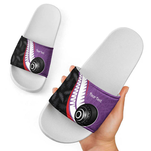 Personalised Aotearoa Lawn Bowls Slide Sandals Maori and Silver Fern Sporty Style Purple Color - Aussie Hoodie