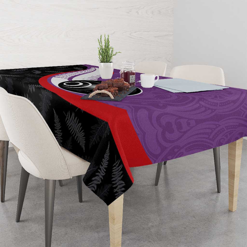 Personalised Aotearoa Lawn Bowls Tablecloth Maori and Silver Fern Sporty Style Purple Color - Aussie Hoodie