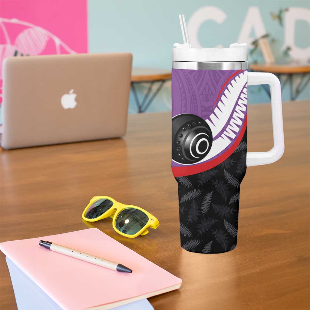 Personalised Aotearoa Lawn Bowls Tumbler With Handle Maori and Silver Fern Sporty Style Purple Color - Aussie Hoodie