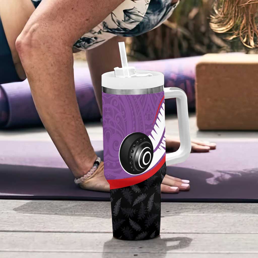 Personalised Aotearoa Lawn Bowls Tumbler With Handle Maori and Silver Fern Sporty Style Purple Color - Aussie Hoodie