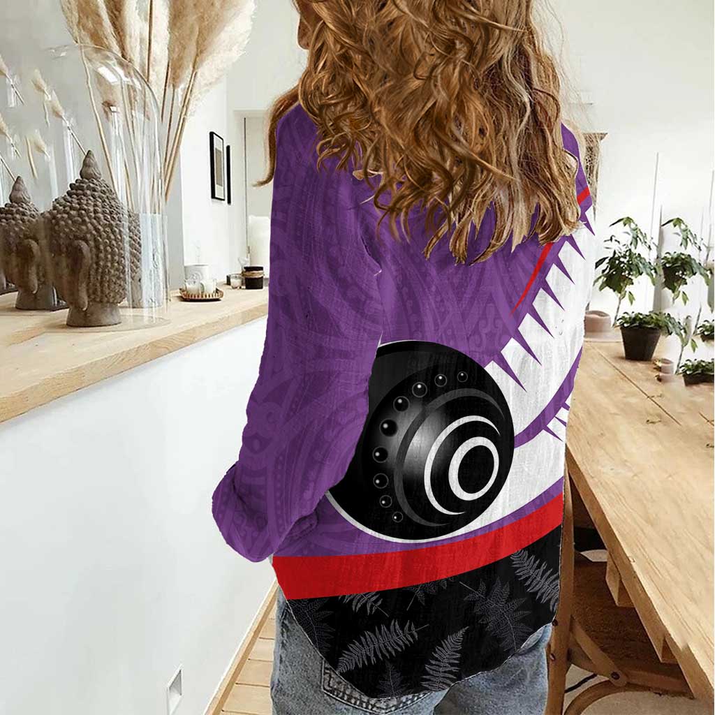 Personalised Aotearoa Lawn Bowls Women Casual Shirt Maori and Silver Fern Sporty Style Purple Color - Aussie Hoodie
