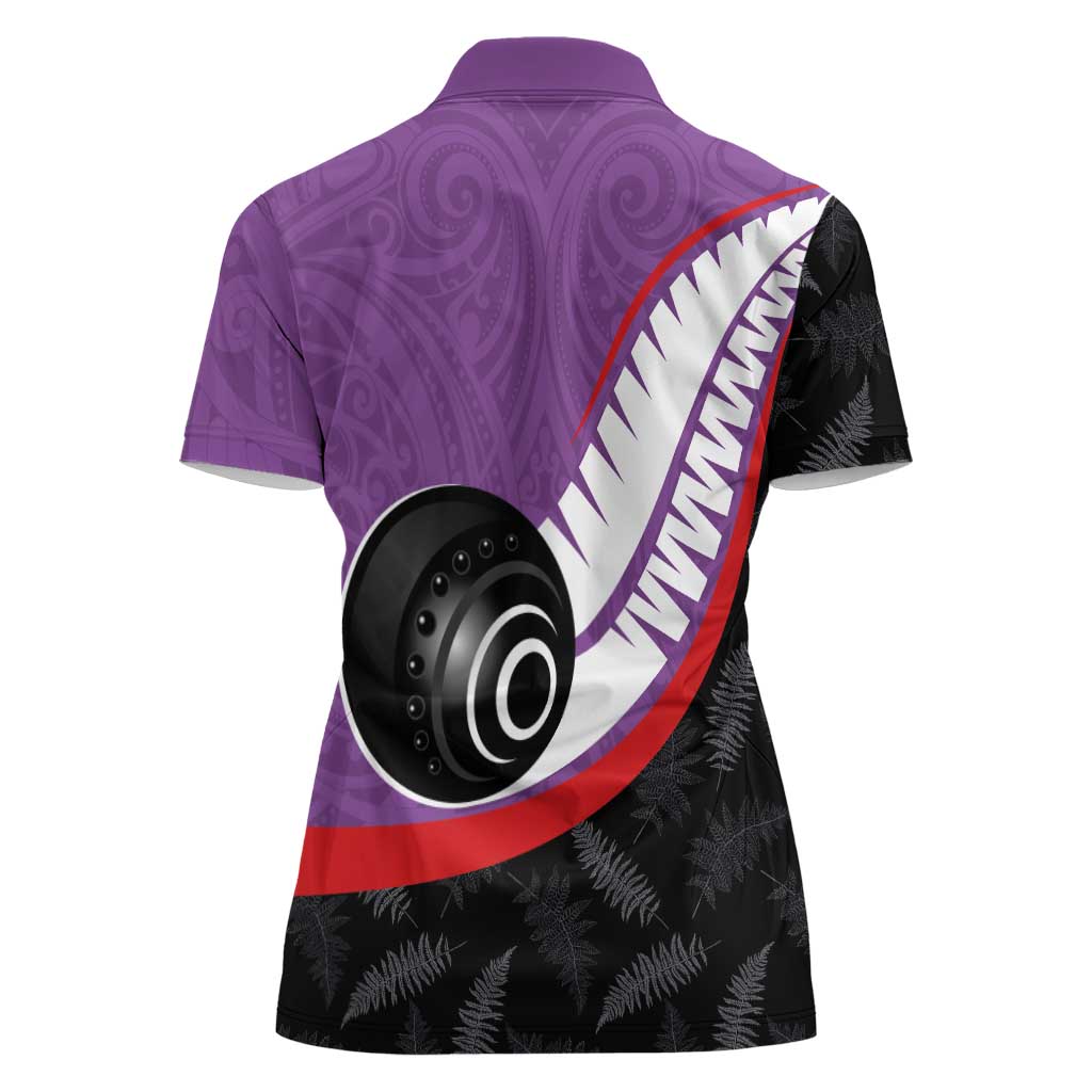 Personalised Aotearoa Lawn Bowls Women Polo Shirt Maori and Silver Fern Sporty Style Purple Color - Aussie Hoodie