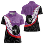 Personalised Aotearoa Lawn Bowls Women Polo Shirt Maori and Silver Fern Sporty Style Purple Color - Aussie Hoodie