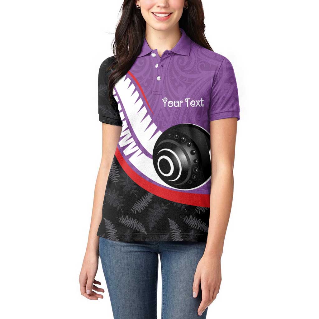 Personalised Aotearoa Lawn Bowls Women Polo Shirt Maori and Silver Fern Sporty Style Purple Color - Aussie Hoodie