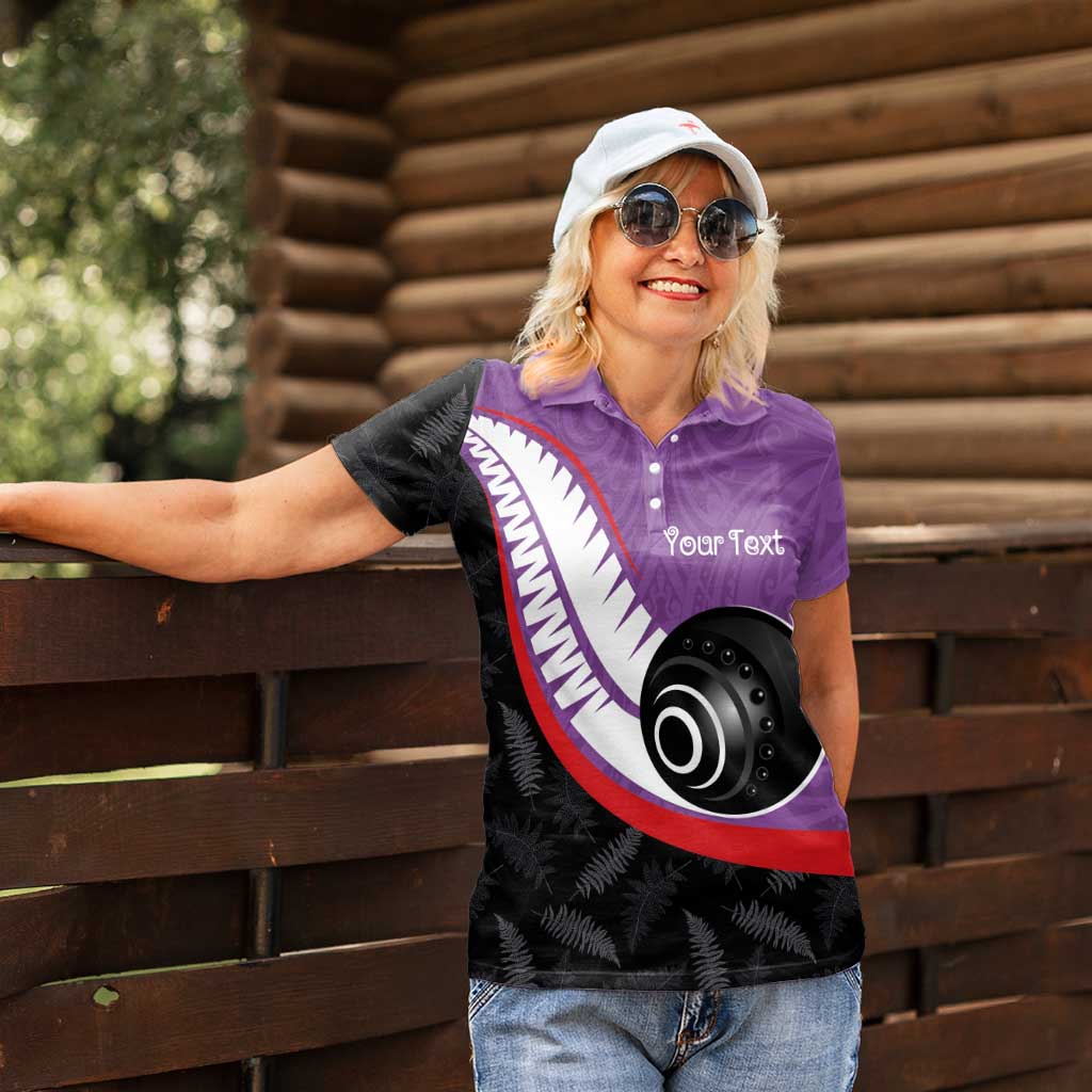 Personalised Aotearoa Lawn Bowls Women Polo Shirt Maori and Silver Fern Sporty Style Purple Color - Aussie Hoodie