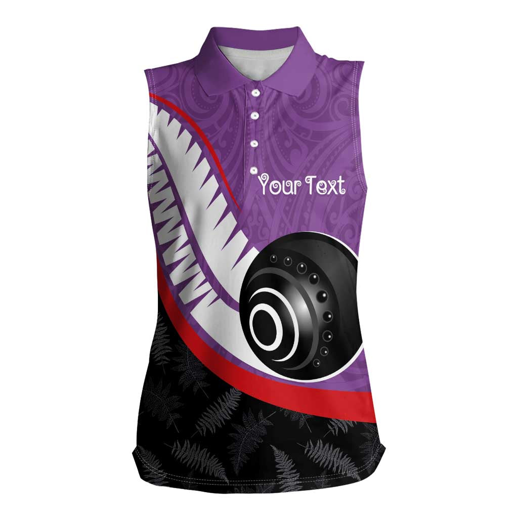 Personalised Aotearoa Lawn Bowls Women Sleeveless Polo Shirt Maori and Silver Fern Sporty Style Purple Color - Aussie Hoodie