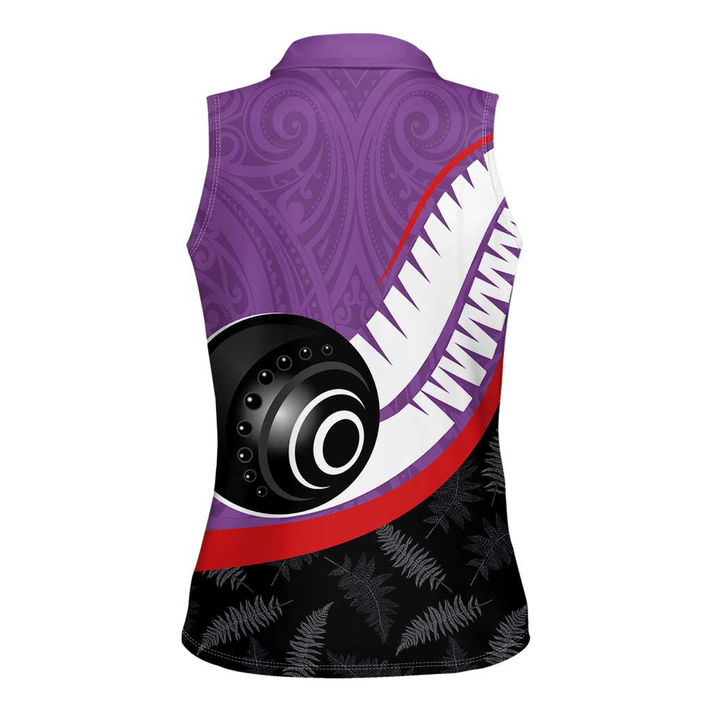 Personalised Aotearoa Lawn Bowls Women Sleeveless Polo Shirt Maori and Silver Fern Sporty Style Purple Color - Aussie Hoodie