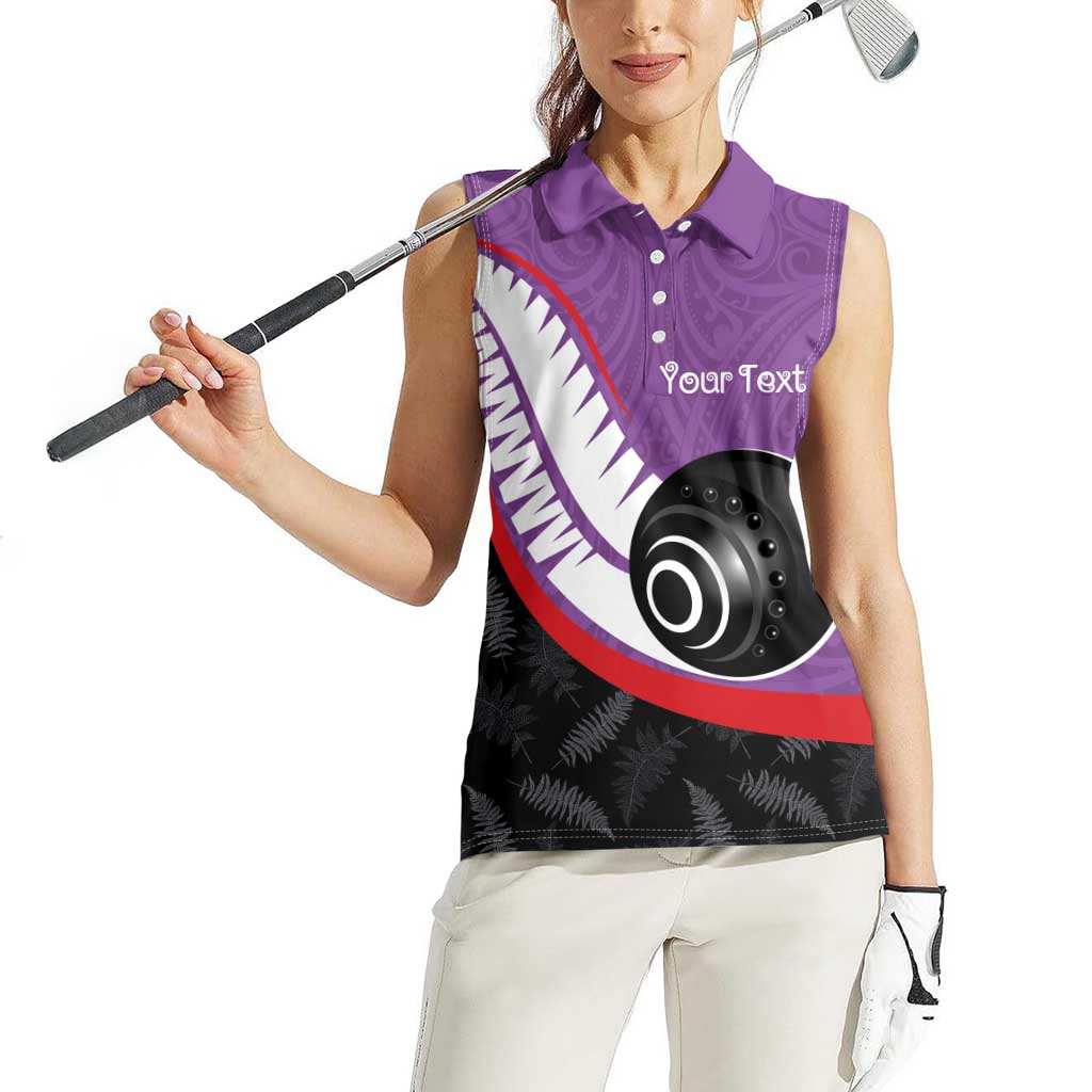 Personalised Aotearoa Lawn Bowls Women Sleeveless Polo Shirt Maori and Silver Fern Sporty Style Purple Color - Aussie Hoodie