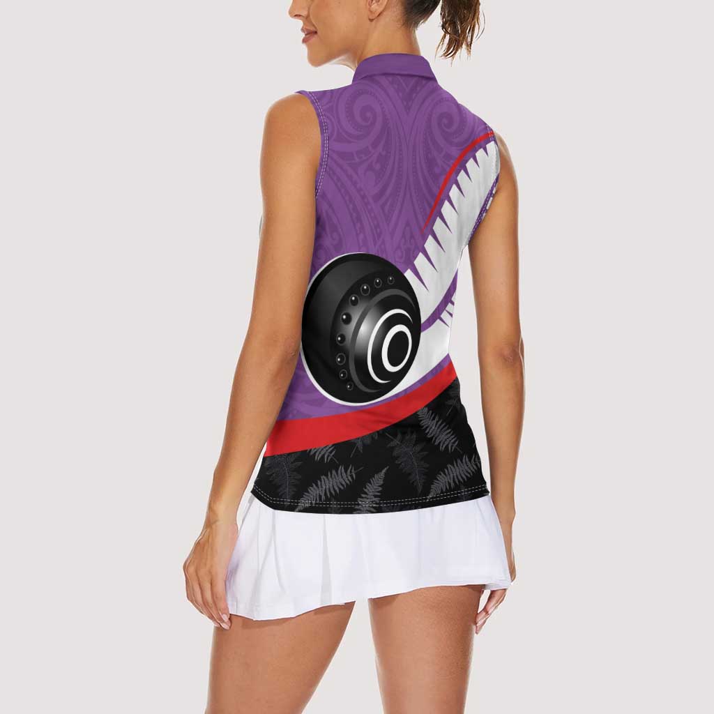 Personalised Aotearoa Lawn Bowls Women Sleeveless Polo Shirt Maori and Silver Fern Sporty Style Purple Color - Aussie Hoodie