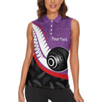Personalised Aotearoa Lawn Bowls Women Sleeveless Polo Shirt Maori and Silver Fern Sporty Style Purple Color - Aussie Hoodie
