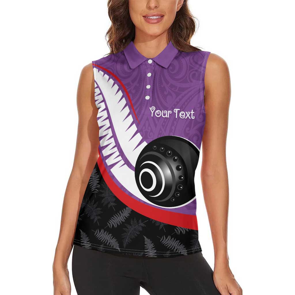 Personalised Aotearoa Lawn Bowls Women Sleeveless Polo Shirt Maori and Silver Fern Sporty Style Purple Color - Aussie Hoodie