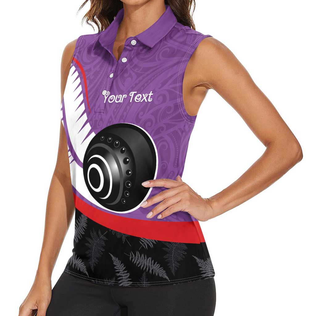 Personalised Aotearoa Lawn Bowls Women Sleeveless Polo Shirt Maori and Silver Fern Sporty Style Purple Color - Aussie Hoodie