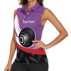 Personalised Aotearoa Lawn Bowls Women Sleeveless Polo Shirt Maori and Silver Fern Sporty Style Purple Color - Aussie Hoodie