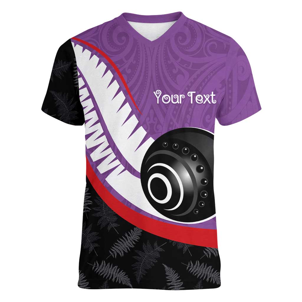 Personalised Aotearoa Lawn Bowls Women V-Neck T-Shirt Maori and Silver Fern Sporty Style Purple Color - Aussie Hoodie