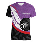 Personalised Aotearoa Lawn Bowls Women V-Neck T-Shirt Maori and Silver Fern Sporty Style Purple Color - Aussie Hoodie