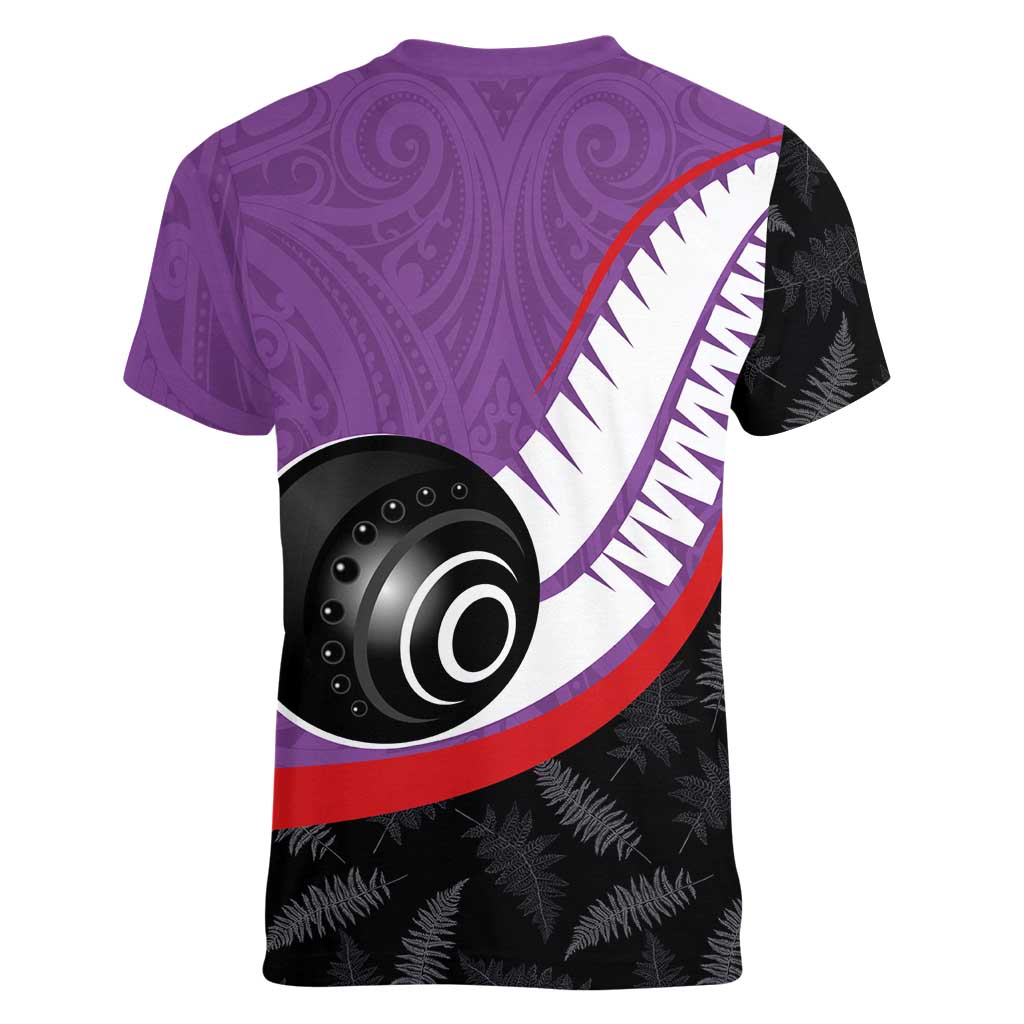Personalised Aotearoa Lawn Bowls Women V-Neck T-Shirt Maori and Silver Fern Sporty Style Purple Color - Aussie Hoodie