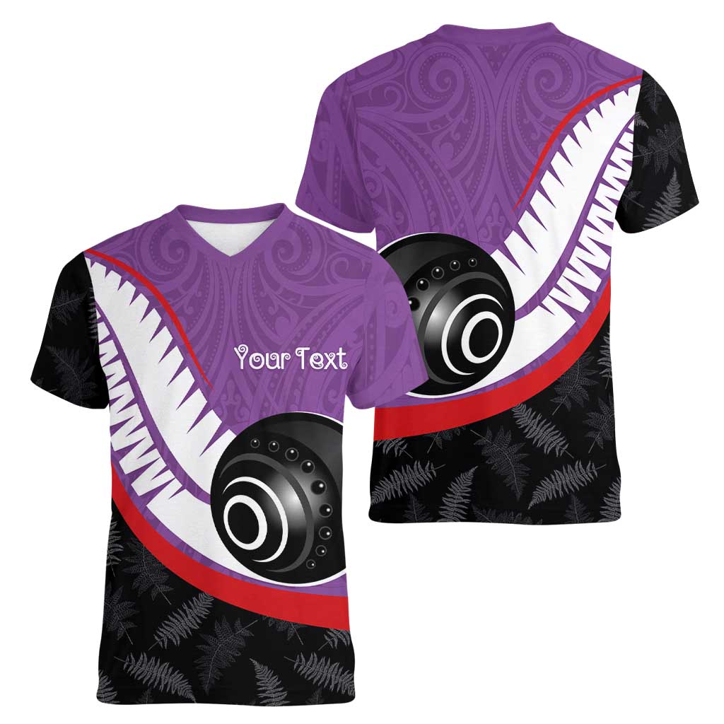 Personalised Aotearoa Lawn Bowls Women V-Neck T-Shirt Maori and Silver Fern Sporty Style Purple Color - Aussie Hoodie
