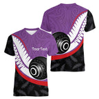 Personalised Aotearoa Lawn Bowls Women V-Neck T-Shirt Maori and Silver Fern Sporty Style Purple Color - Aussie Hoodie