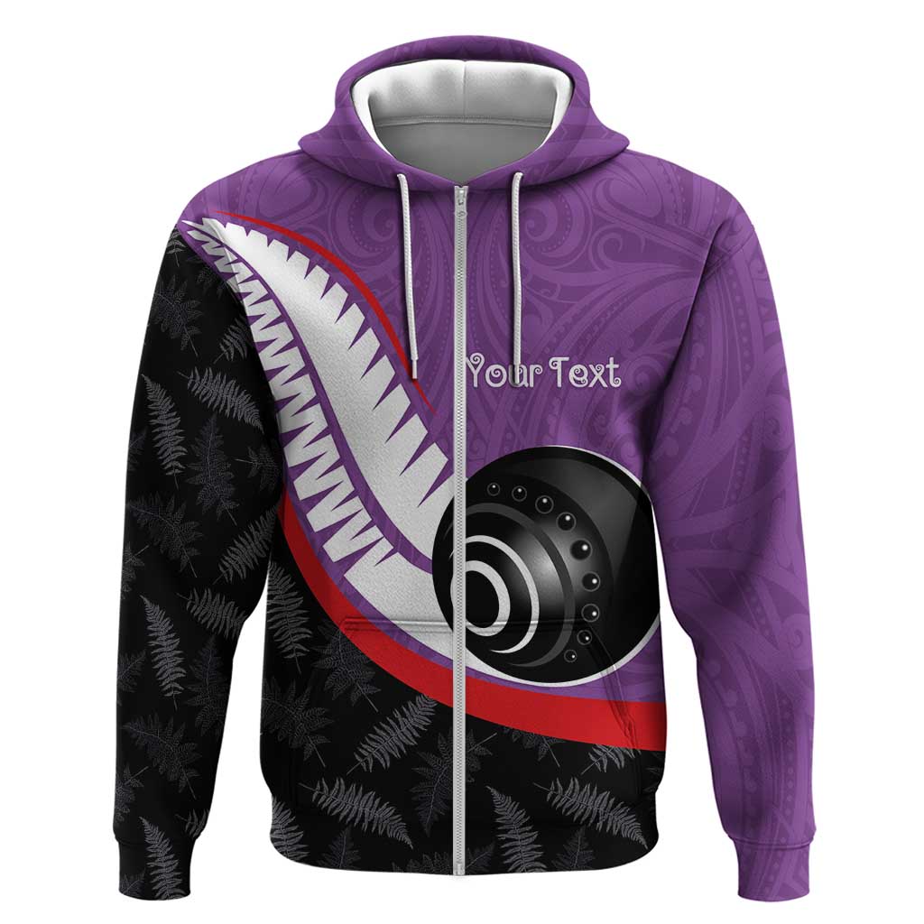 Personalised Aotearoa Lawn Bowls Zip Hoodie Maori and Silver Fern Sporty Style Purple Color - Aussie Hoodie