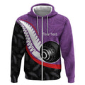 Personalised Aotearoa Lawn Bowls Zip Hoodie Maori and Silver Fern Sporty Style Purple Color - Aussie Hoodie