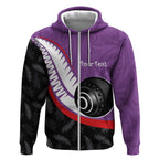 Personalised Aotearoa Lawn Bowls Zip Hoodie Maori and Silver Fern Sporty Style Purple Color - Aussie Hoodie
