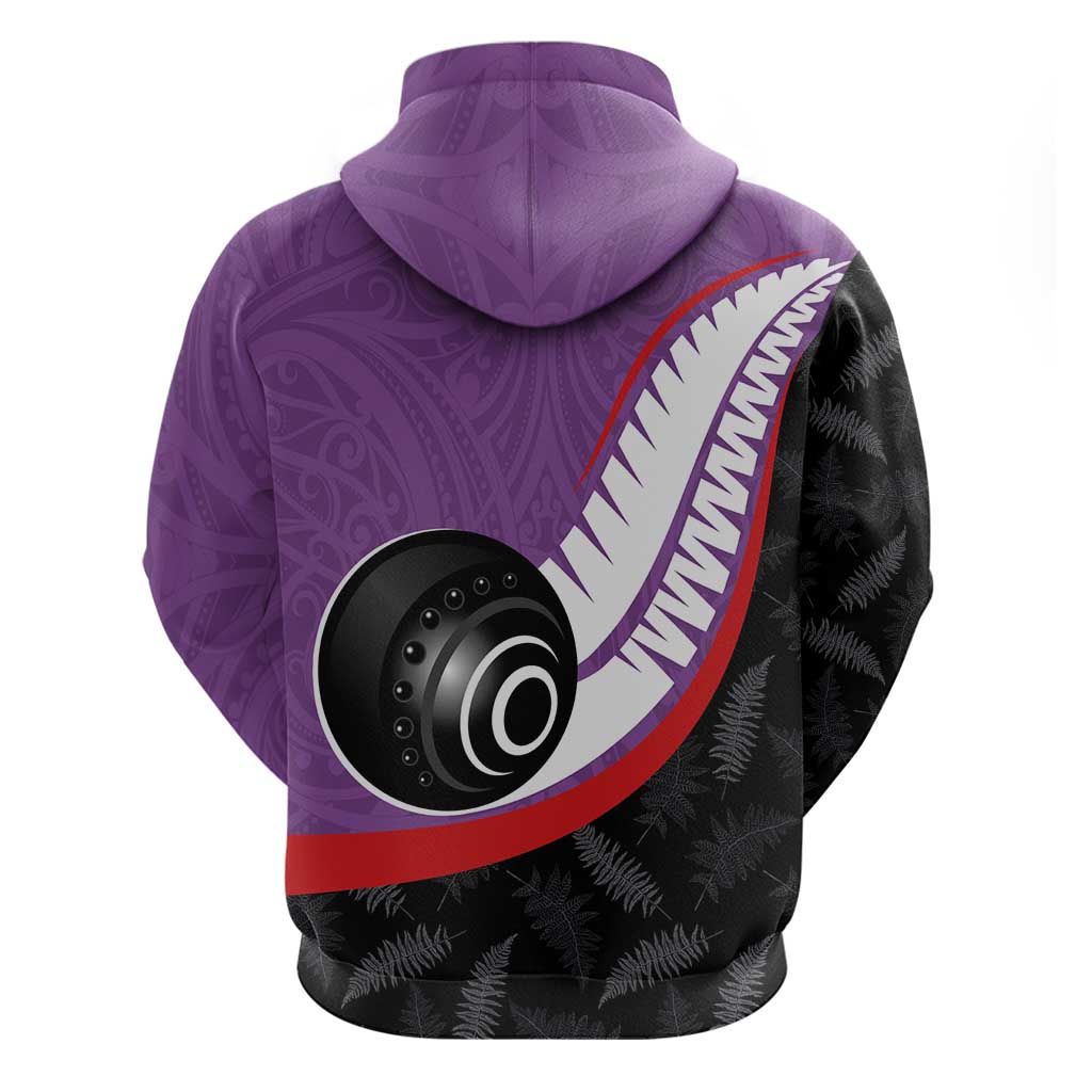 Personalised Aotearoa Lawn Bowls Zip Hoodie Maori and Silver Fern Sporty Style Purple Color - Aussie Hoodie