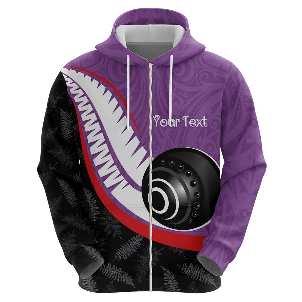 Personalised Aotearoa Lawn Bowls Zip Hoodie Maori and Silver Fern Sporty Style Purple Color - Aussie Hoodie