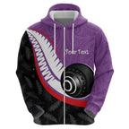 Personalised Aotearoa Lawn Bowls Zip Hoodie Maori and Silver Fern Sporty Style Purple Color - Aussie Hoodie