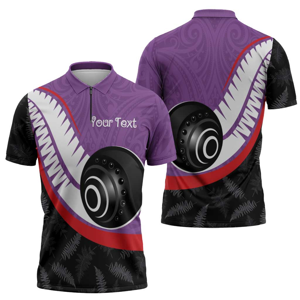 Personalised Aotearoa Lawn Bowls Zipper Polo Shirt Maori and Silver Fern Sporty Style Purple Color - Aussie Hoodie