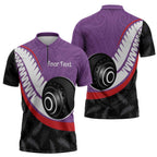 Personalised Aotearoa Lawn Bowls Zipper Polo Shirt Maori and Silver Fern Sporty Style Purple Color - Aussie Hoodie