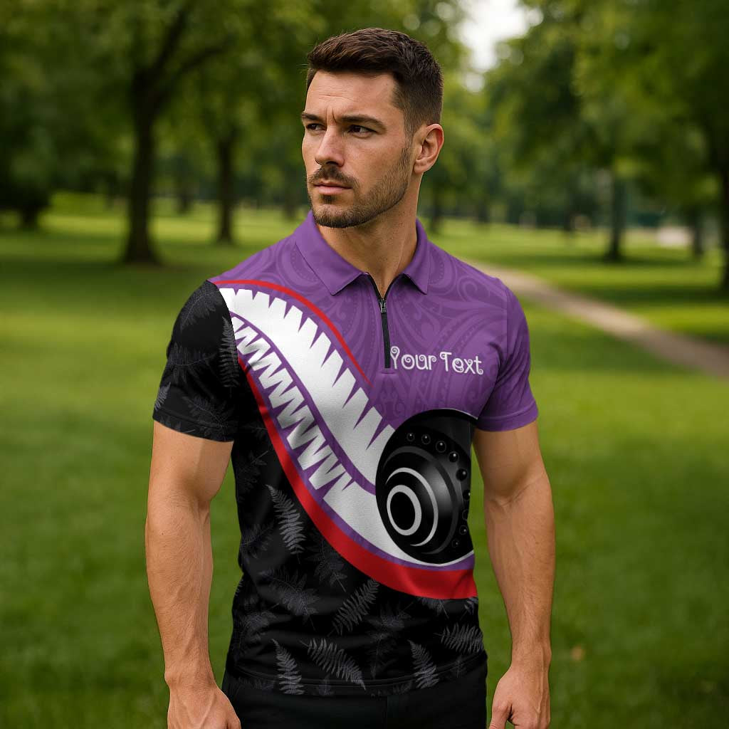 Personalised Aotearoa Lawn Bowls Zipper Polo Shirt Maori and Silver Fern Sporty Style Purple Color - Aussie Hoodie