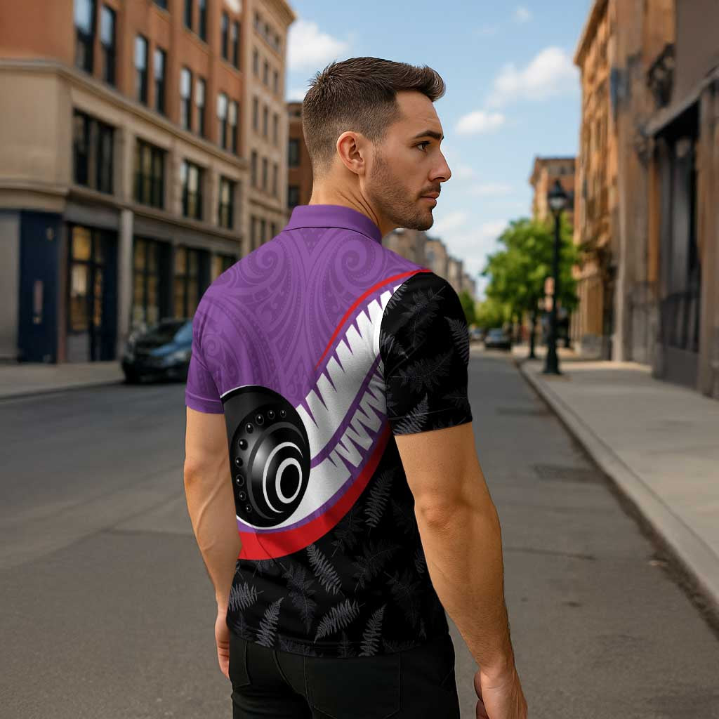 Personalised Aotearoa Lawn Bowls Zipper Polo Shirt Maori and Silver Fern Sporty Style Purple Color - Aussie Hoodie