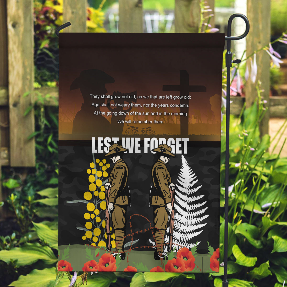 New Zealand and Australia ANZAC Day Garden Flag Soldier and Last Post Camouflage Pattern