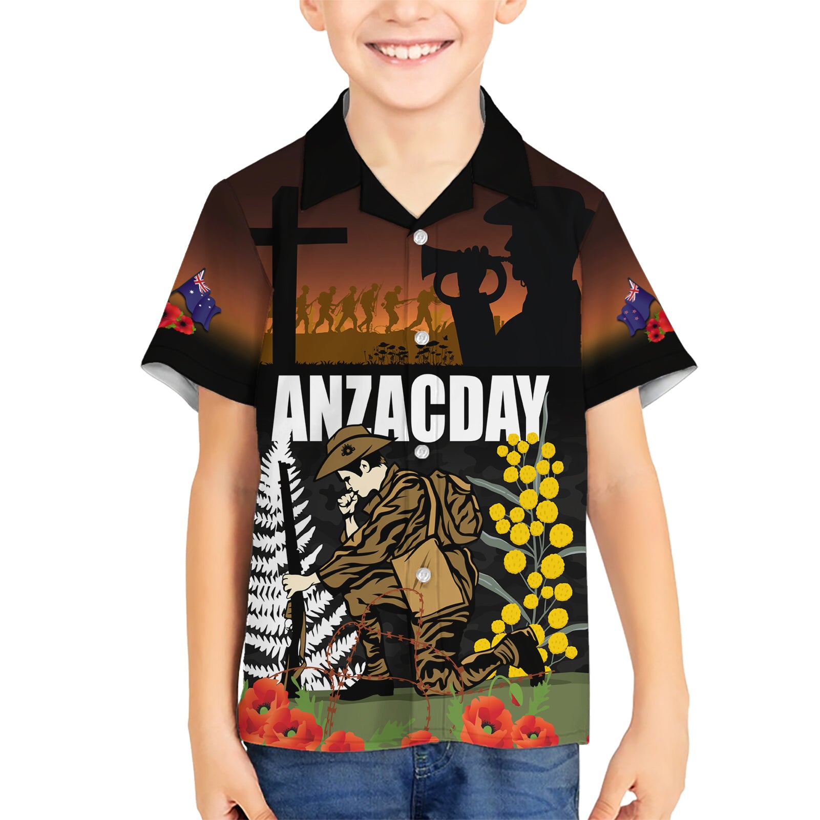 New Zealand and Australia ANZAC Day Kid Hawaiian Shirt Soldier and Last Post Camouflage Pattern