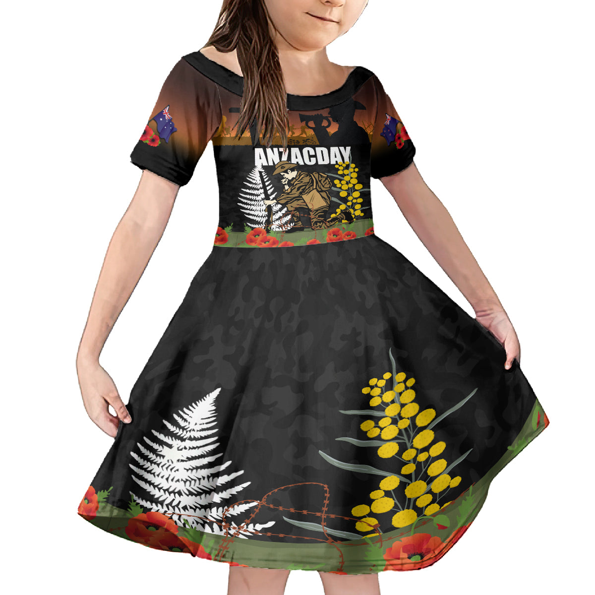 New Zealand and Australia ANZAC Day Kid Short Sleeve Dress Soldier and Last Post Camouflage Pattern