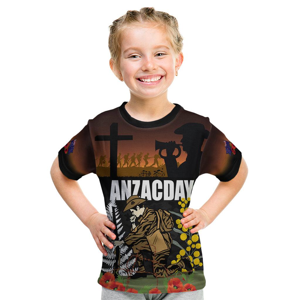 New Zealand and Australia ANZAC Day Kid T Shirt Soldier and Last Post Camouflage Pattern