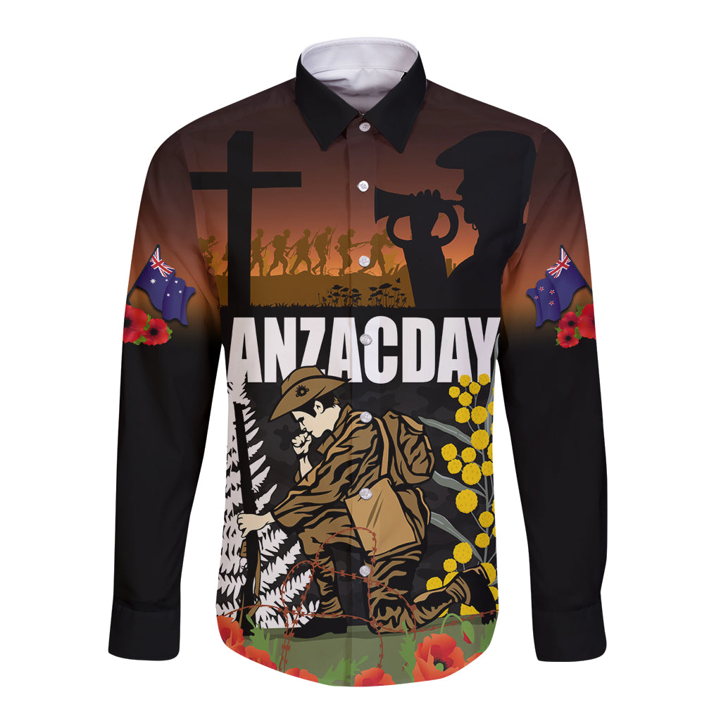 New Zealand and Australia ANZAC Day Long Sleeve Button Shirt Soldier and Last Post Camouflage Pattern