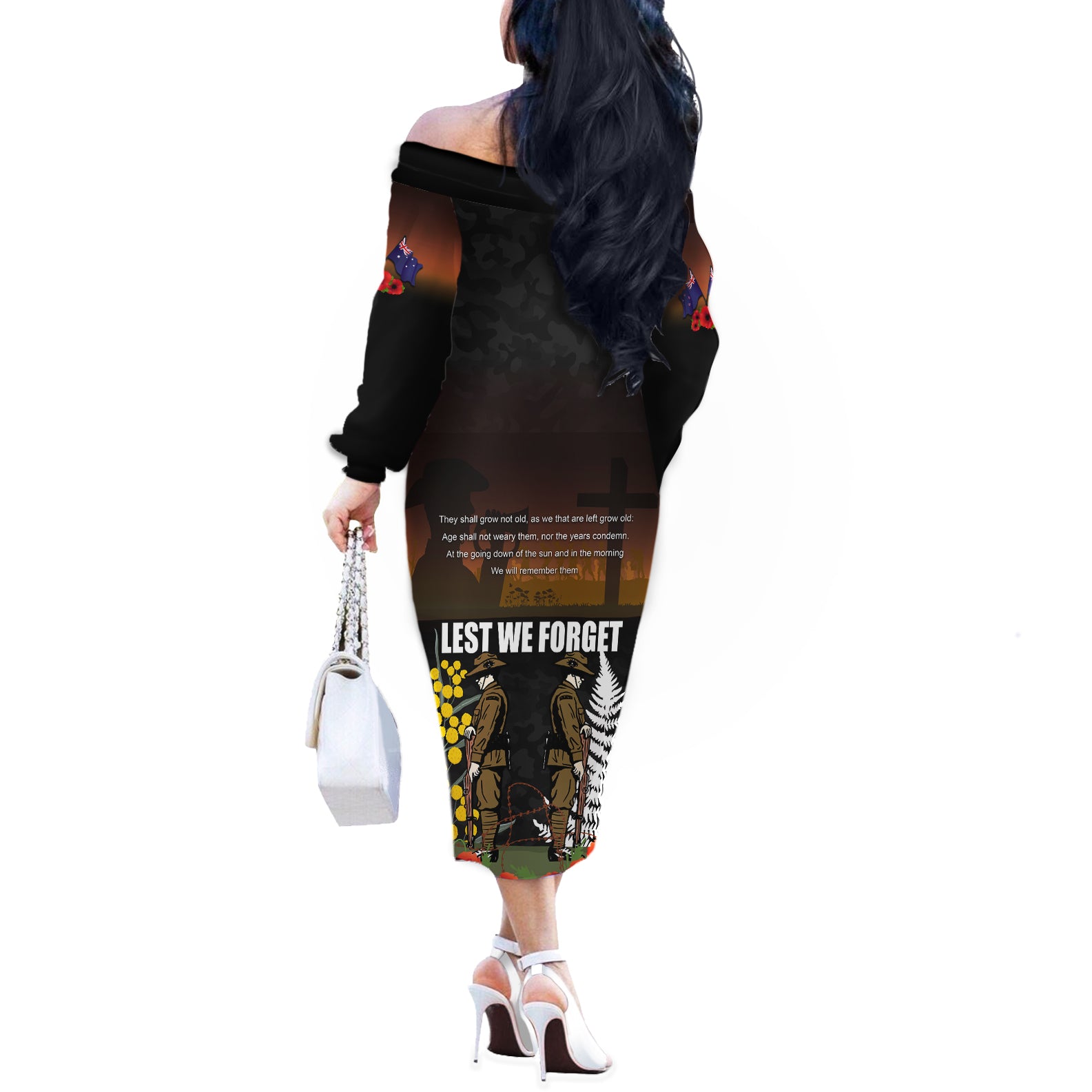 New Zealand and Australia ANZAC Day Off The Shoulder Long Sleeve Dress Soldier and Last Post Camouflage Pattern