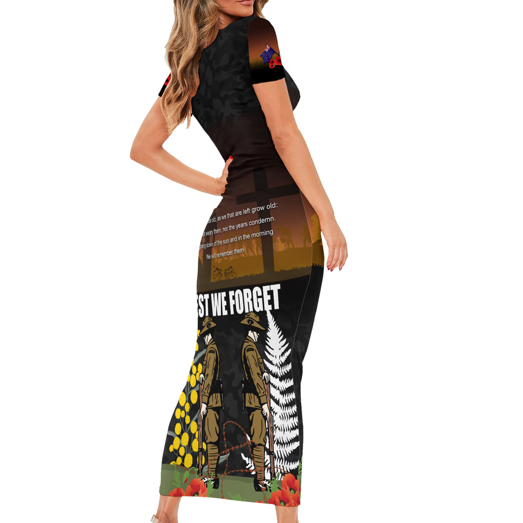 New Zealand and Australia ANZAC Day Short Sleeve Bodycon Dress Soldier and Last Post Camouflage Pattern