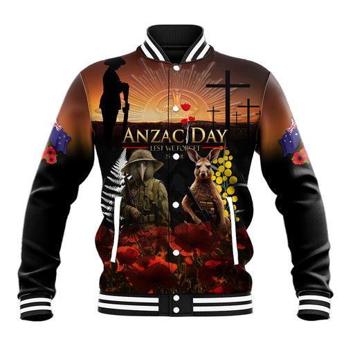New Zealand and Australia ANZAC Day Baseball Jacket Kiwi Bird and Kangaroo Soldier