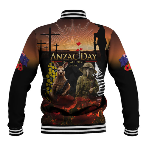 New Zealand and Australia ANZAC Day Baseball Jacket Kiwi Bird and Kangaroo Soldier