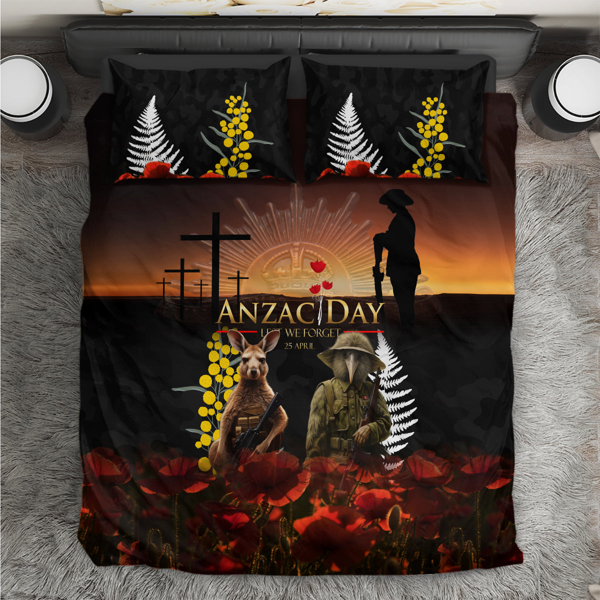 New Zealand and Australia ANZAC Day Bedding Set Kiwi Bird and Kangaroo Soldier